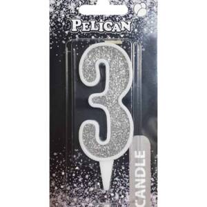 Свічка для торта цифра "3" СРІБЛО  7см, TM Pelican  (1/12)