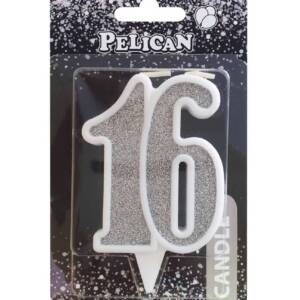 Свічка ювілейна "16" СРІБЛО  7см, TM Pelican  (1/32)