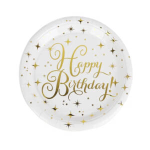 Тарілки паперові 18cm "Happy Birthday білі з зол. зірочками #25" 10шт TM Pelican
