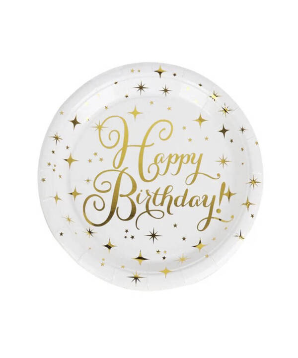 Тарілки паперові 18cm "Happy Birthday білі з зол. зірочками #25" 10шт TM Pelican