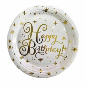 Тарілки паперові 23cm "Happy Birthday білі з зол. зірочками #25" 10шт TM Pelican