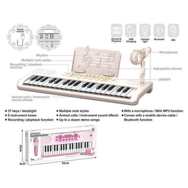 Піаніно 6652 A (18/2) 37 клавіш, мікрофон, вбудований акумулятор, Bluetooth, звуки тварин та музичних інструментів, мелодії, 3 AUX-роз'єми, USB-AUX кабель, регулювання гучності, функція запису, в коробці