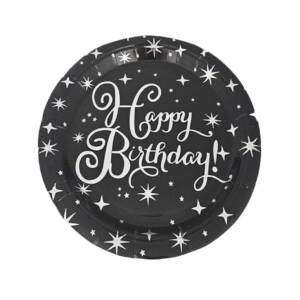 Тарілки паперові 18cm "Happy Birthday чорні з сріблом #21" 10шт TM Pelican