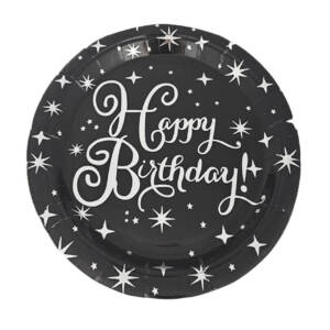 Тарілки паперові 23cm "Happy Birthday чорні з сріблом #21" 10шт TM Pelican