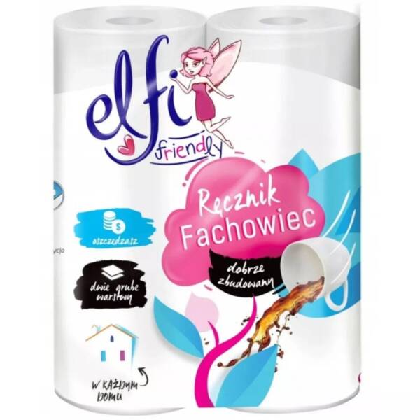 Рушники паперові Elfi friendly профі 100% целюлоза 2-шарові, 9,25 м/рулон, 50 відривів (2 шт/уп)