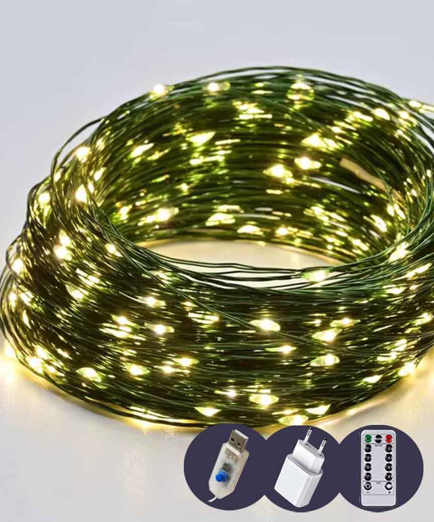 Роса 100 LED 10м, зелений провід, реле 8 режимів +USB, пульт ДК, теплий білий (50)