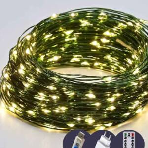 Роса 300 LED 30м, зелений провід, реле 8 режимів +USB, пульт ДК, теплий білий (50)