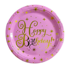 Тарілки паперові 23cm "Happy Birthday рожеві з золотом  #24" 10шт TM Pelican