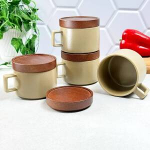 YM241013  Набір кухлів 220 мл  4 шт з дерев.підставками 6911100000
