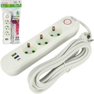 Мережевий фільтр подовжувач 5м на 3 розетки з 2 USB + 1 Type-C та вимикачем 499A03USB-5M