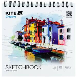 Скетчбук для акварелі, 21*21 см, 20 арк.,спір, Kite Creative