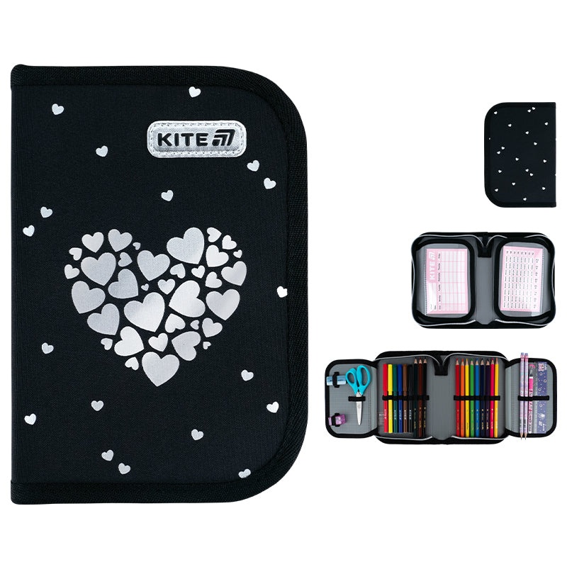 Пенал Kite 1 від., 2 відв., з наповненням 622H Black&Silver